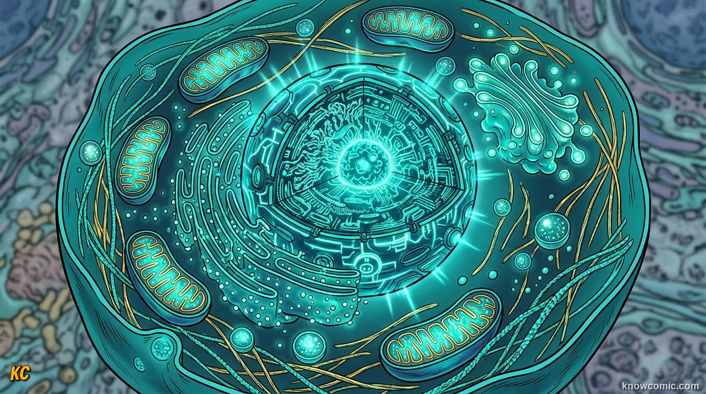 Comic panel about the eukaryotic upgrade: The Hook, educational kids illustration