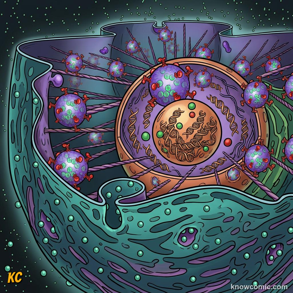 Comic panel about the eukaryotic upgrade: Welcome To The Eukaryotic World, Vs Prokaryotes, educational kids illustration