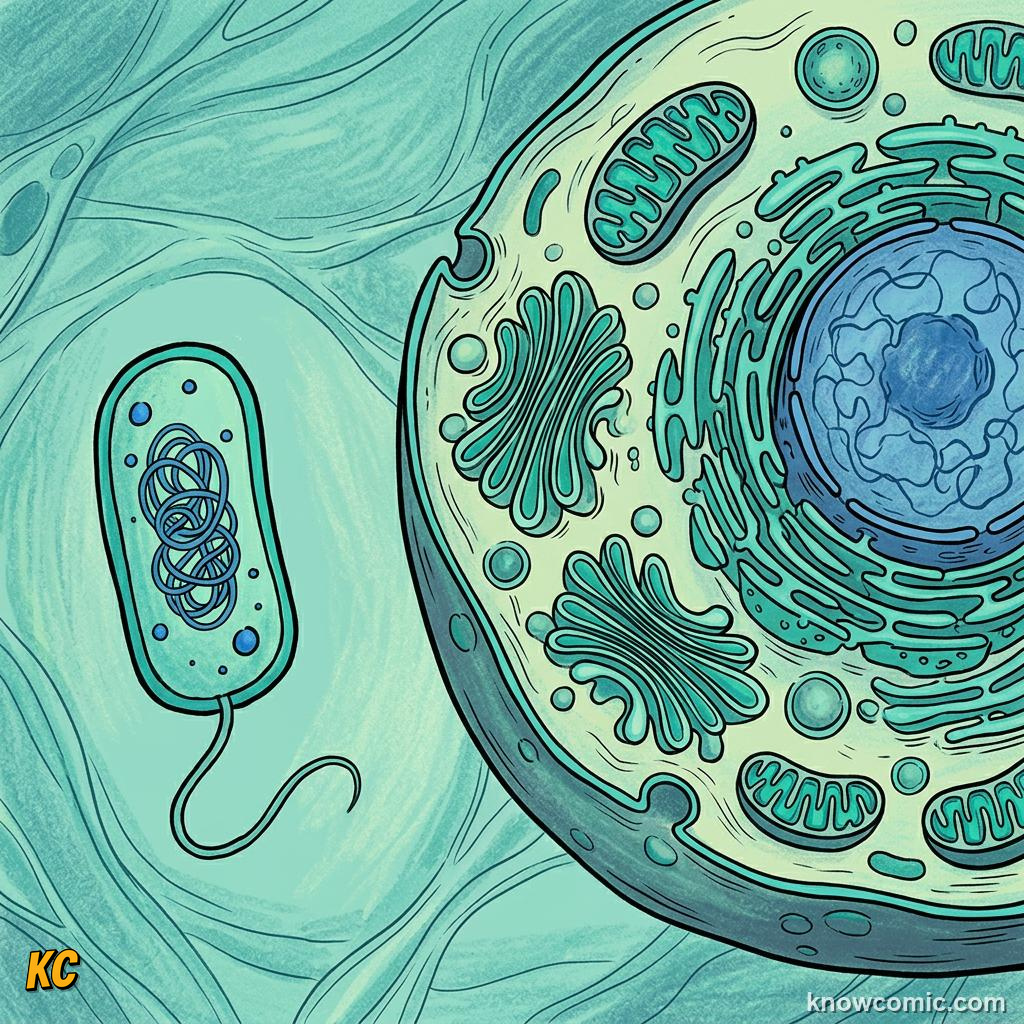 Comic panel about the eukaryotic upgrade: Size Matters, educational kids illustration