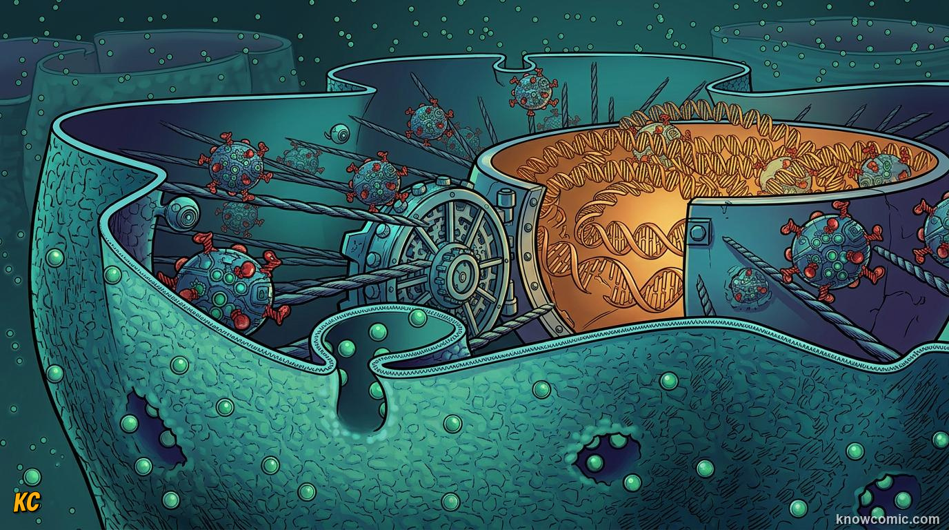 Comic panel about the eukaryotic upgrade: Control Center, educational kids illustration
