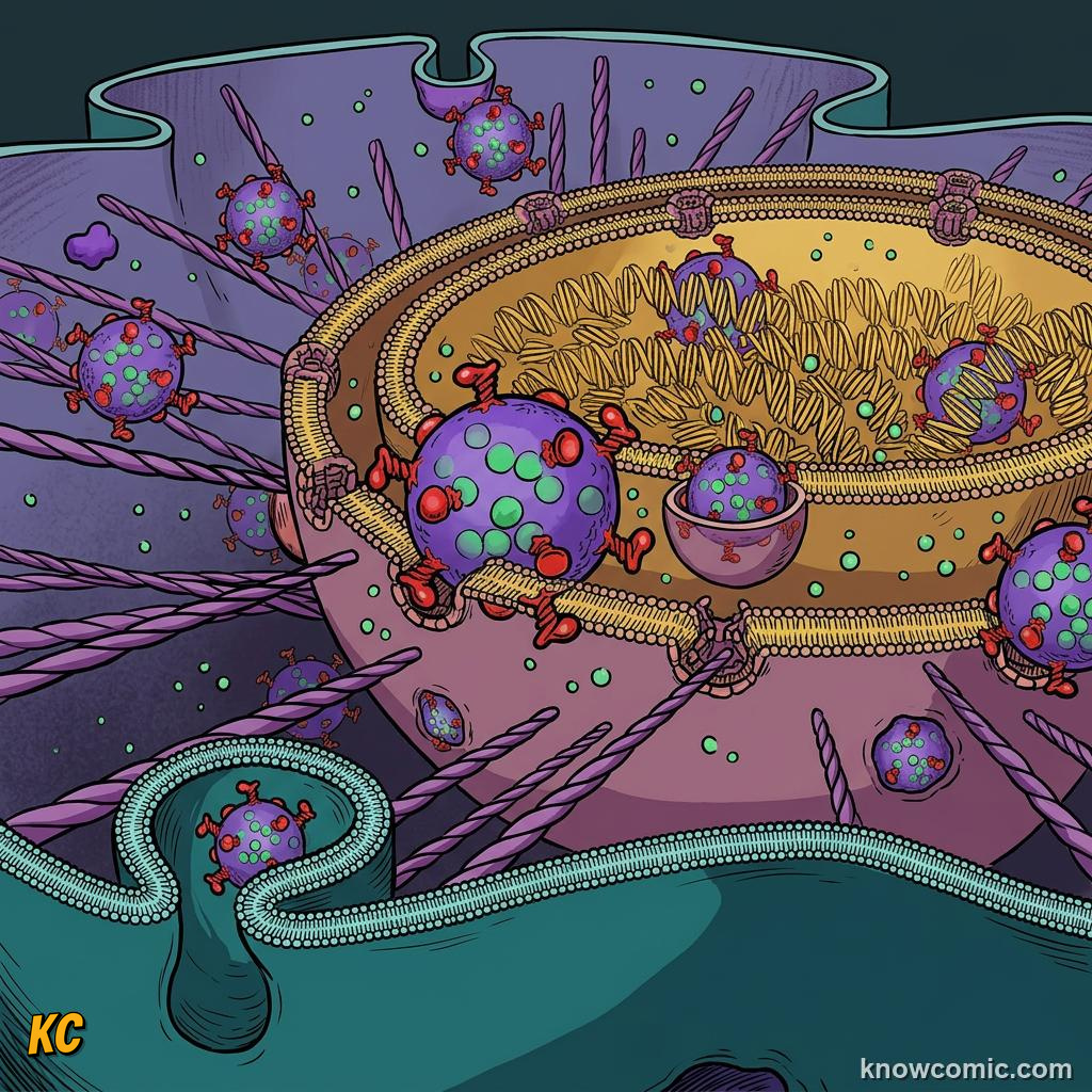 Comic panel about the eukaryotic upgrade: The Nucleus Protects The Dna Code, Dna Vault, educational kids illustration