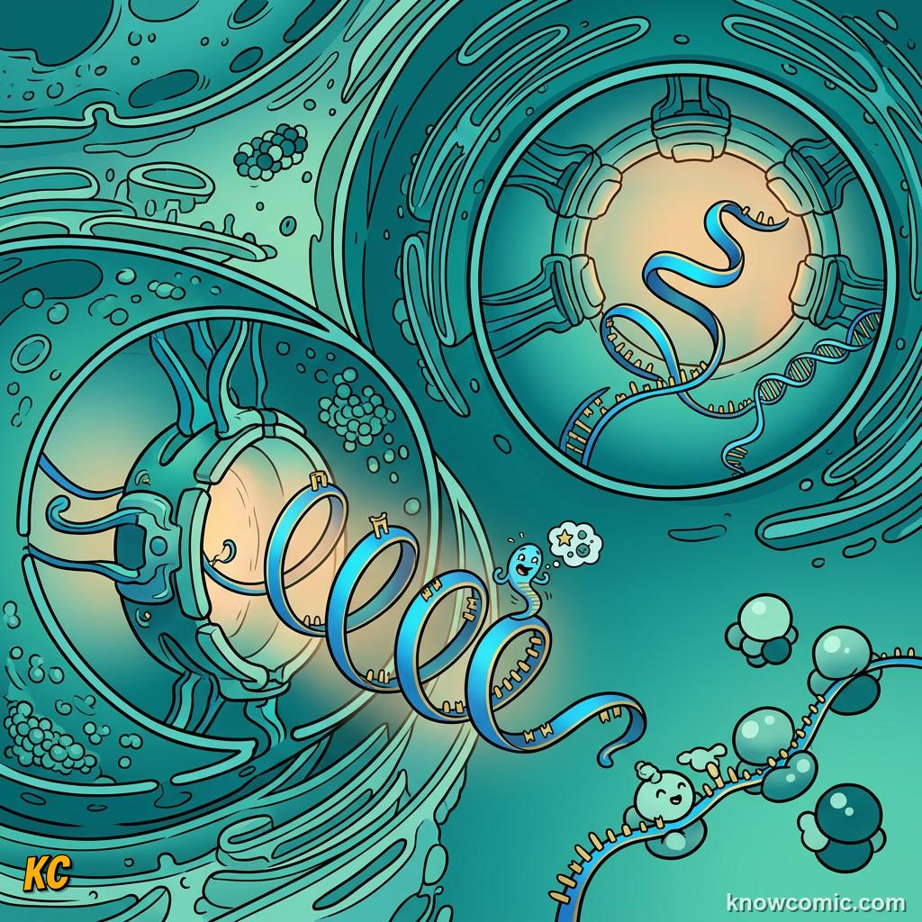 Comic panel about the eukaryotic upgrade: Nucleolus, educational kids illustration
