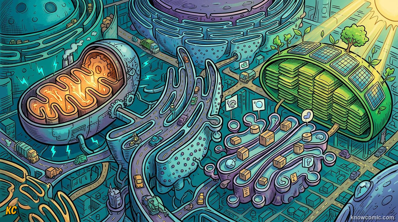 Comic panel about the eukaryotic upgrade: Membrane-Bound, educational kids illustration