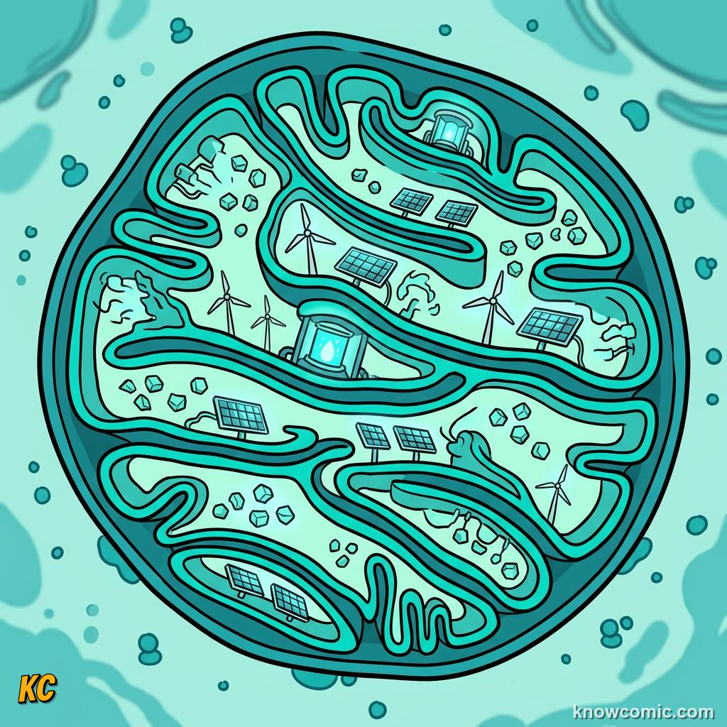 Comic panel about the eukaryotic upgrade: Power Packs, educational kids illustration
