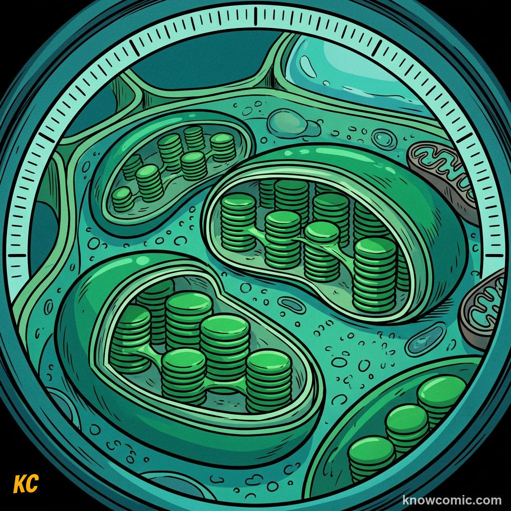 Comic panel about the eukaryotic upgrade: Sun Catchers, educational kids illustration