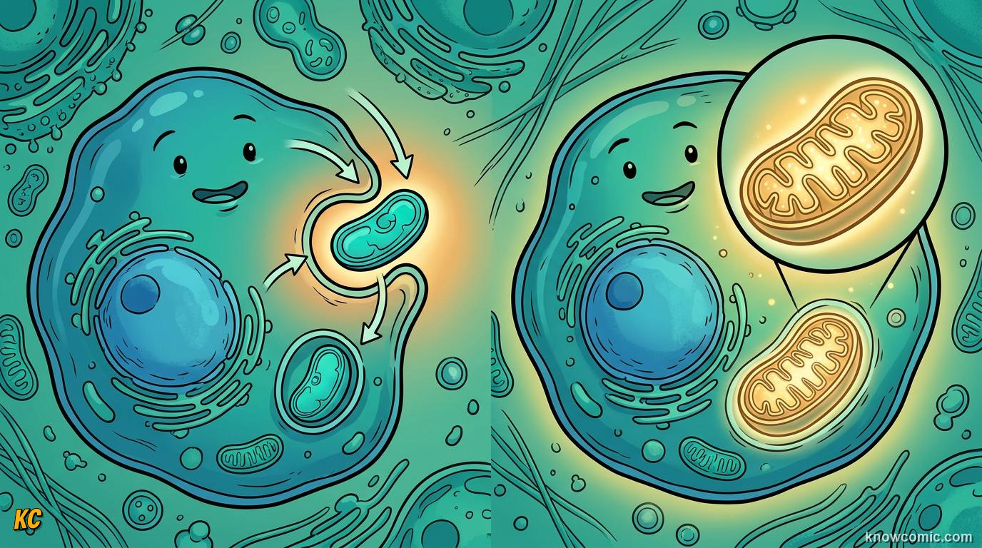 Comic panel about the eukaryotic upgrade: Organelles Are Specialized Mini Factories, Ancient Merger, educational kids illustration