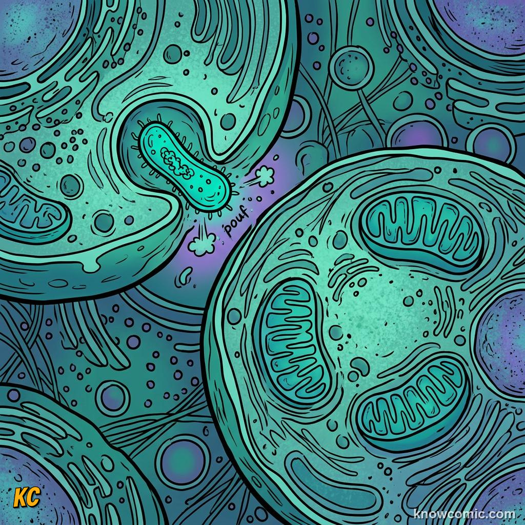 Comic panel about the eukaryotic upgrade: How Eukaryotes Got Their Power Organelles, Mitochondria, educational kids illustration