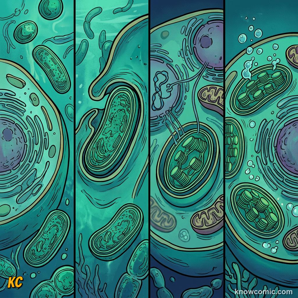 Comic panel about the eukaryotic upgrade: Chloroplasts, educational kids illustration
