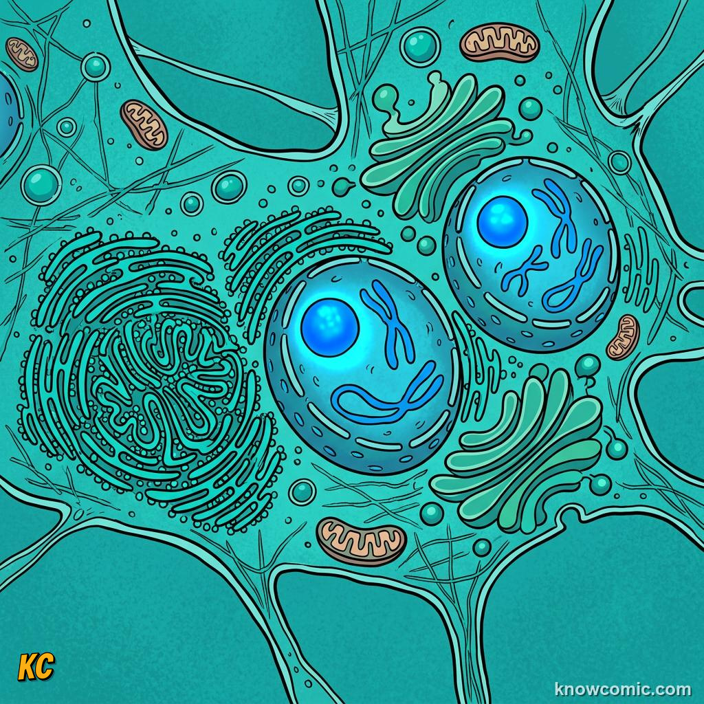 Comic panel about the eukaryotic upgrade: More Organelles, educational kids illustration
