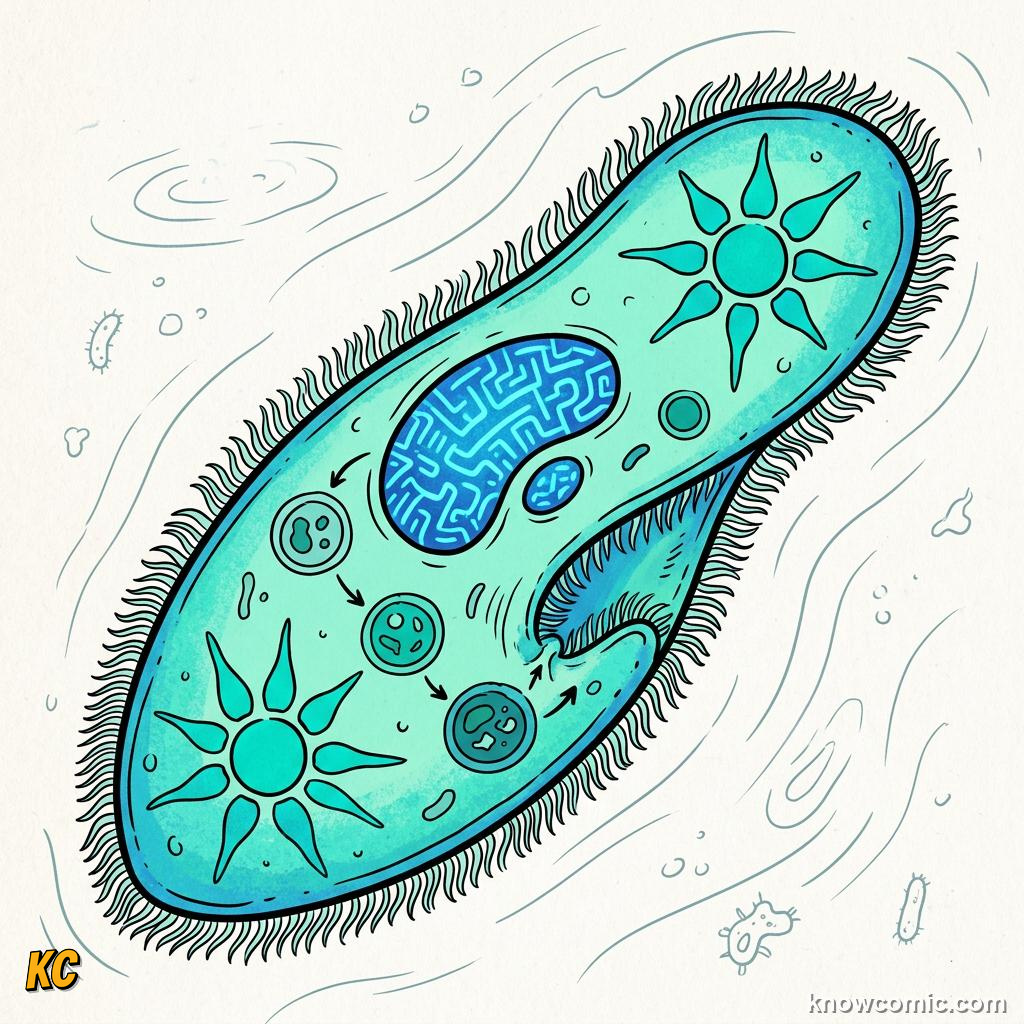 Comic panel about the eukaryotic upgrade: Four Great Groups Of Eukaryotes, Diversity, educational kids illustration