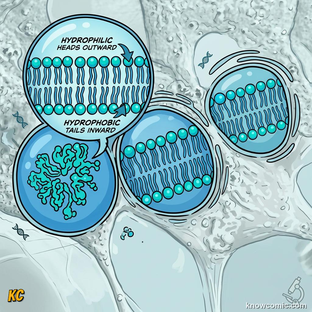 Comic panel about membrane: the guard: Two Layers Of Phospholipids, Heads Out, educational kids illustration