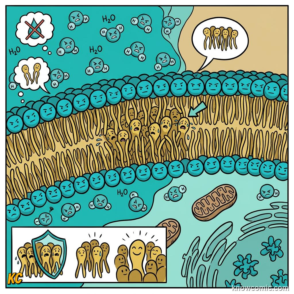 Comic panel about membrane: the guard: Tails In, educational kids illustration
