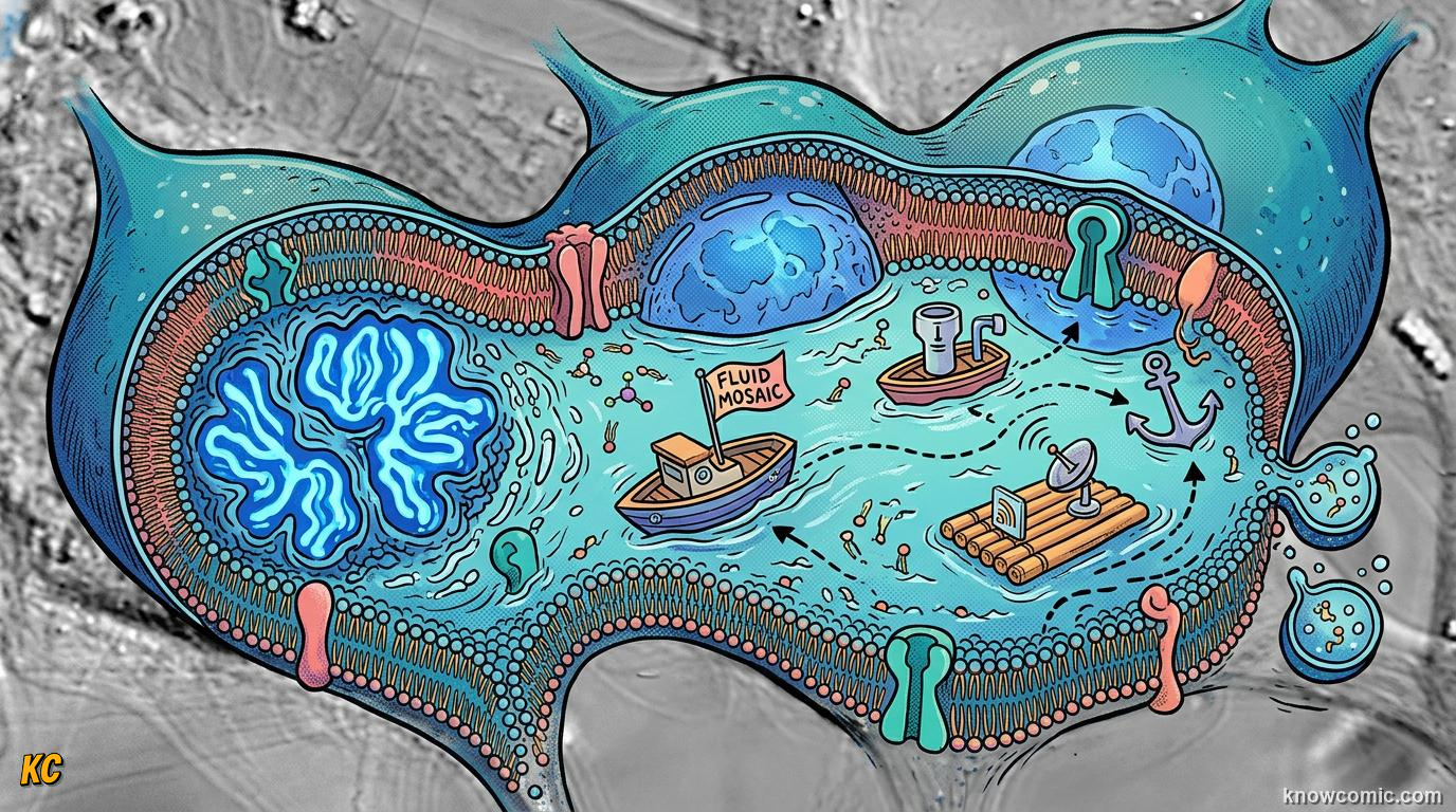 Comic panel about membrane: the guard: Selective Permeability, Water On The Move, educational kids illustration