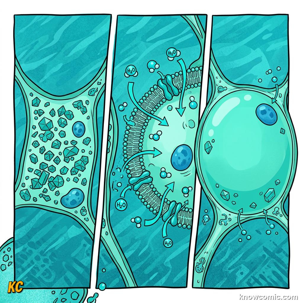 Comic panel about membrane: the guard: Osmosis: Water Finds Its Balance, Channels, educational kids illustration