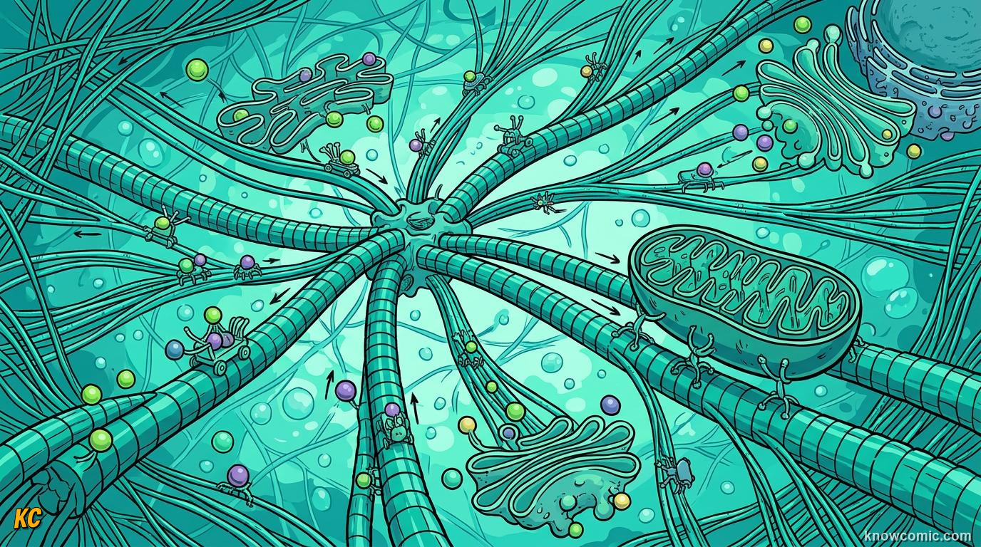 Comic panel about cytoplasm: the soup: Floating Factories, educational kids illustration