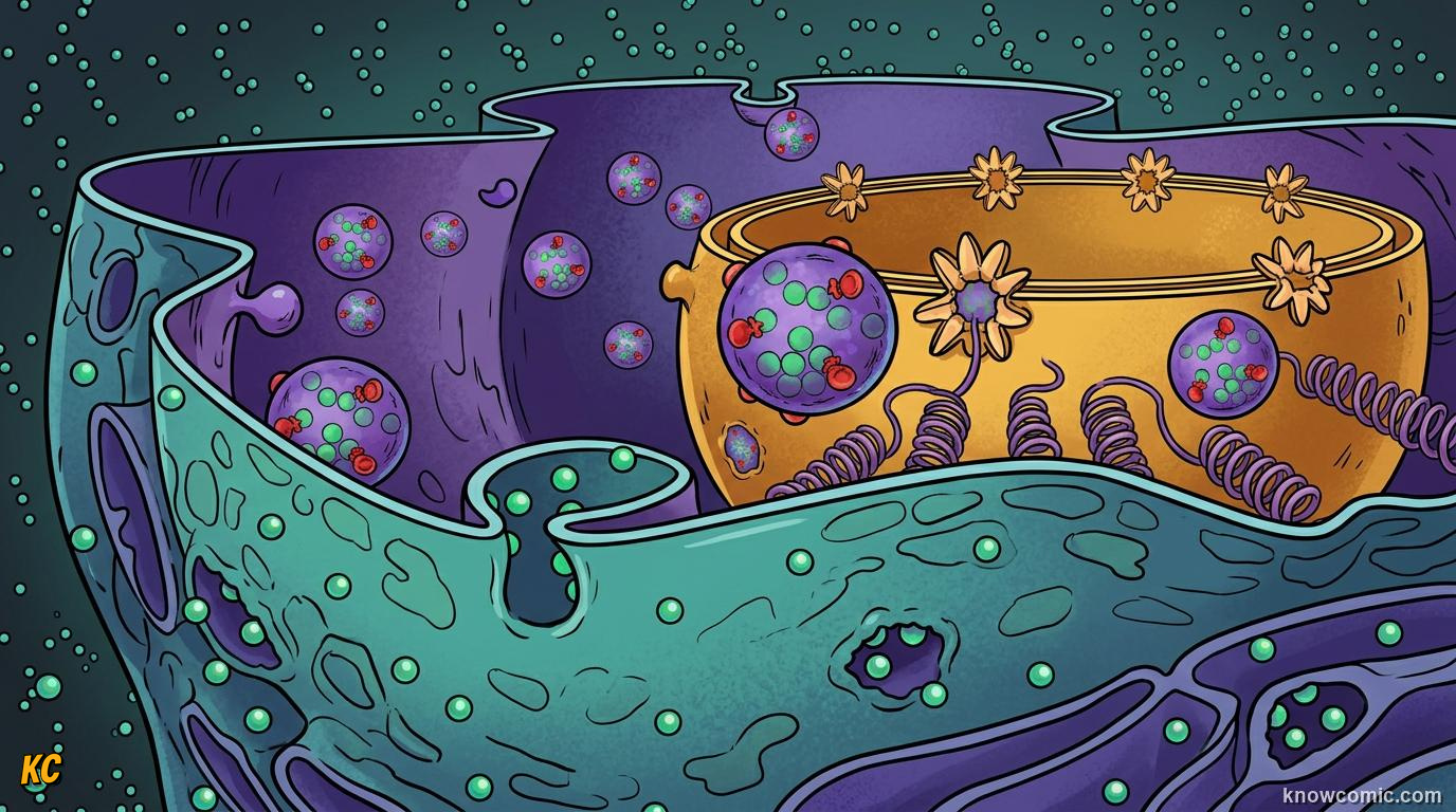 Comic panel about the nucleus: brain: Nuclear Envelope, educational kids illustration