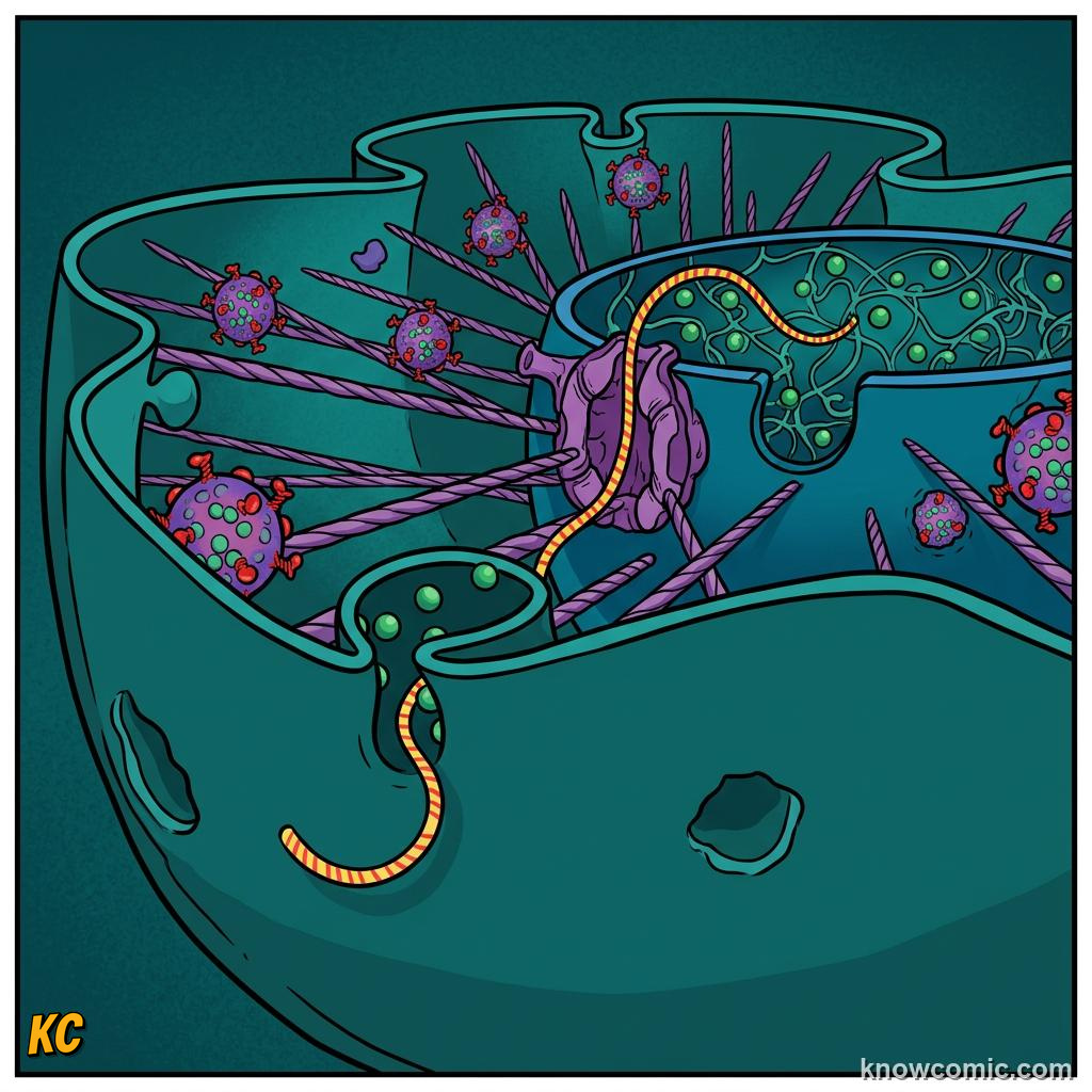 Comic panel about the nucleus: brain: Pores, educational kids illustration