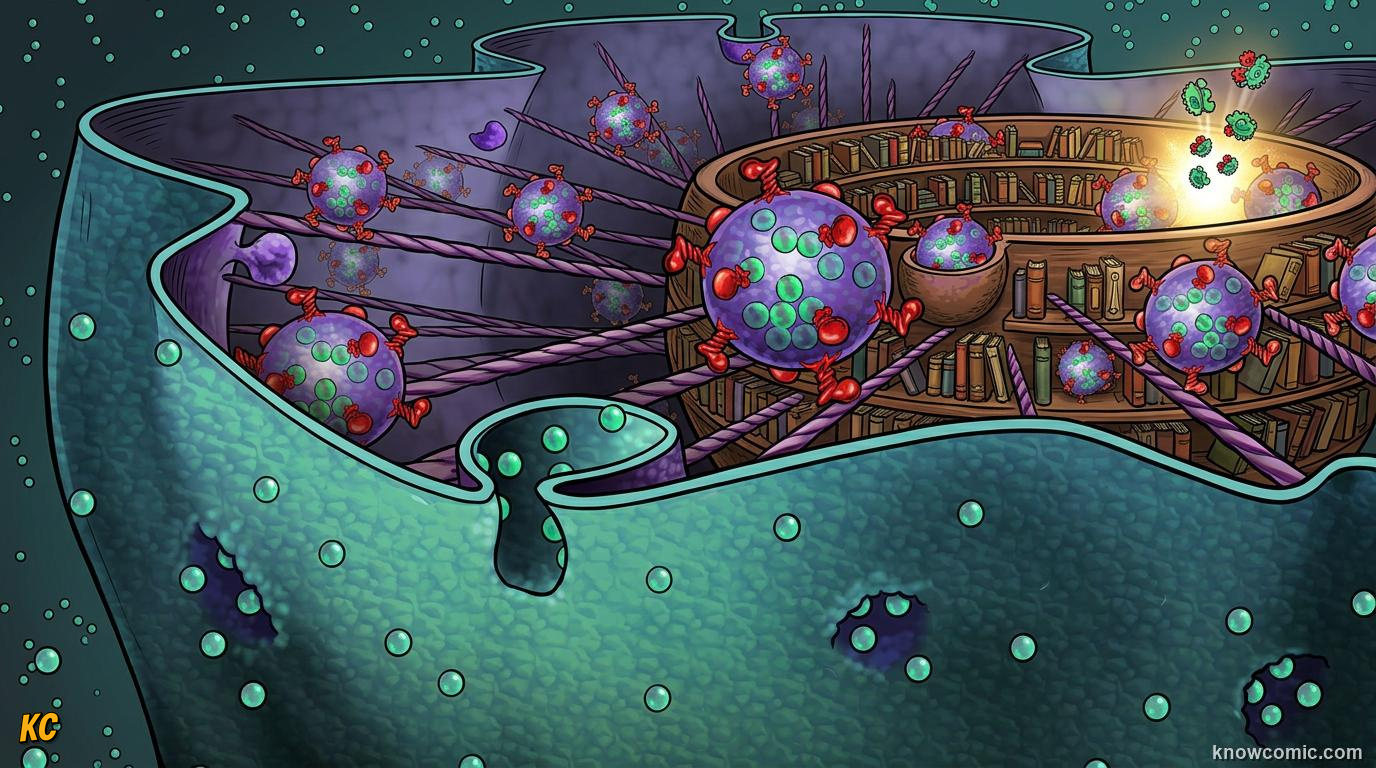 Comic panel about the nucleus: brain: Genetic Blueprint, educational kids illustration