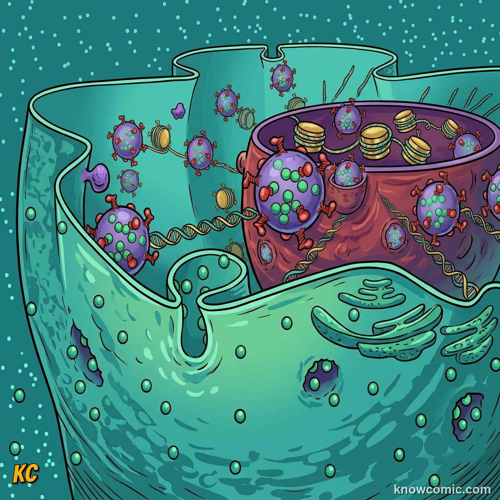 Comic panel about the nucleus: brain: Dna, educational kids illustration