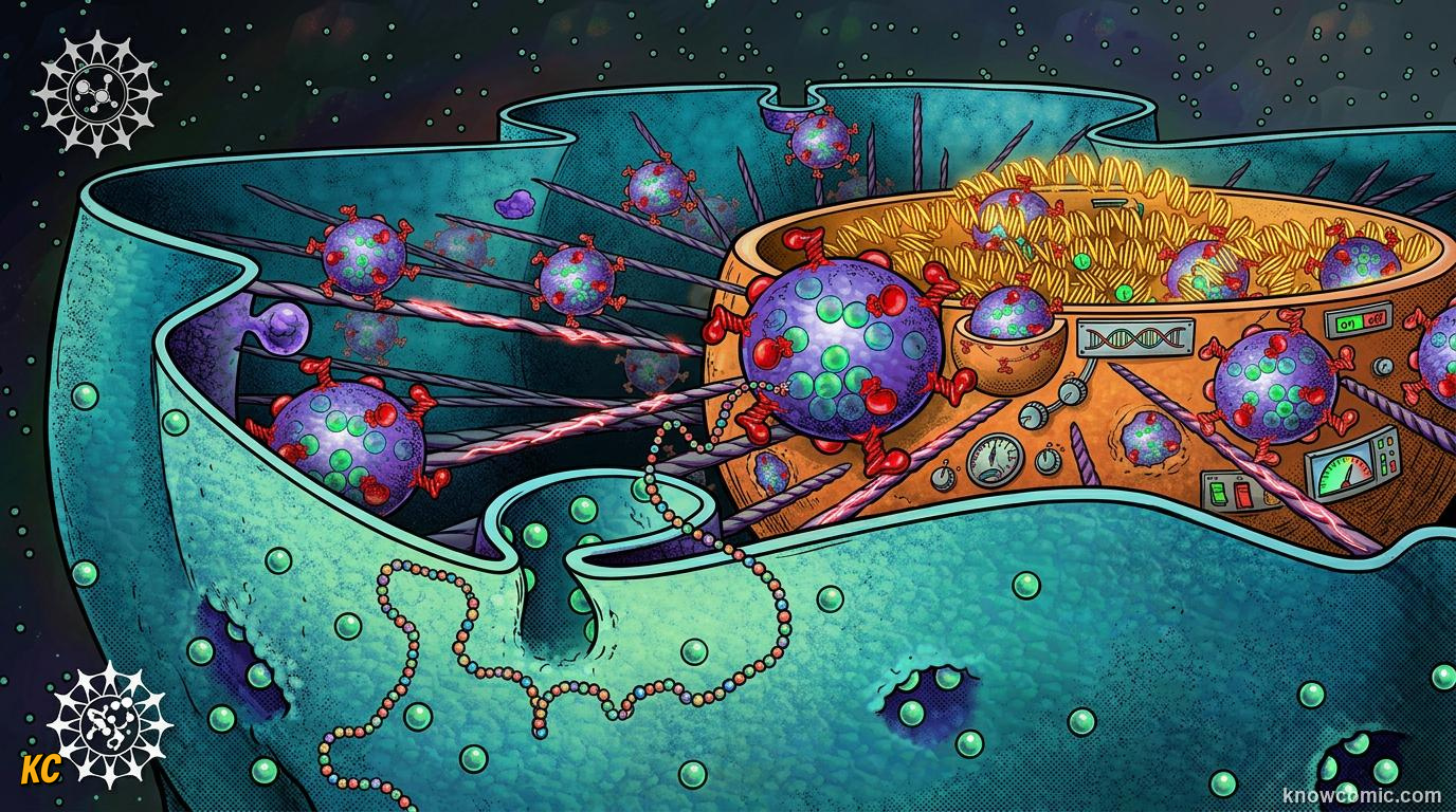 Comic panel about the nucleus: brain: Chromatin: Dna In Working Order, Command Post, educational kids illustration