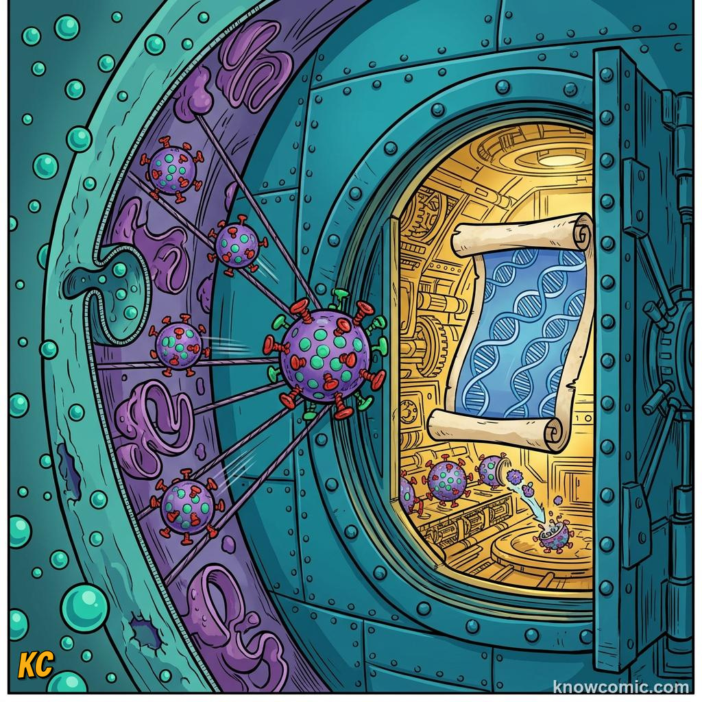 Comic panel about the nucleus: brain: Growth, educational kids illustration