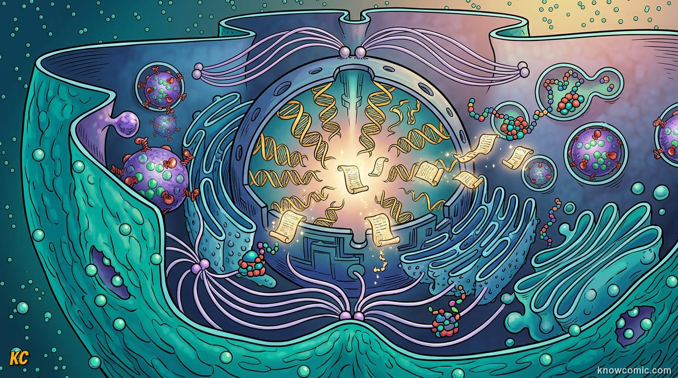 Comic panel about the nucleus: brain: Every Protein, educational kids illustration