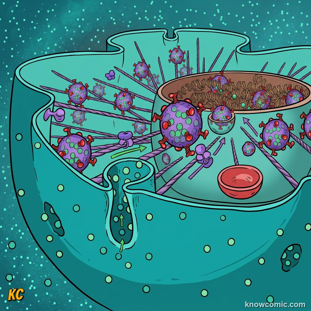 Comic panel about the nucleus: brain: From Blueprint To Body, Traffic, educational kids illustration