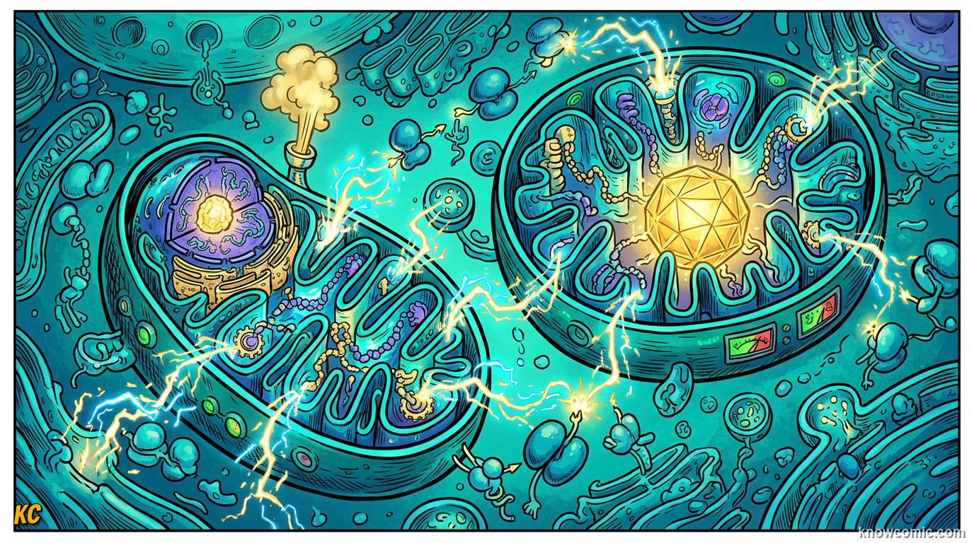 Comic panel about mitochondria: power: The Hook, educational kids illustration