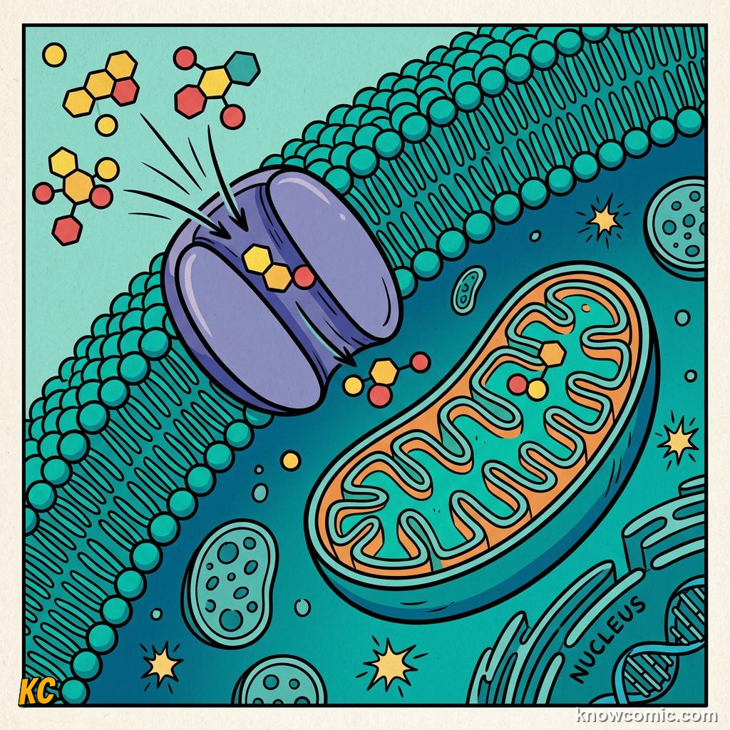 Comic panel about mitochondria: power: Food + Air, educational kids illustration