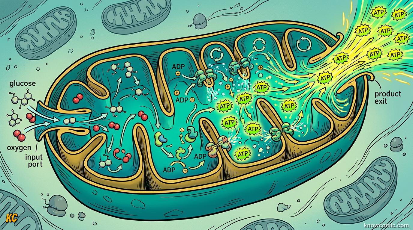Comic panel about mitochondria: power: Energy Currency, educational kids illustration