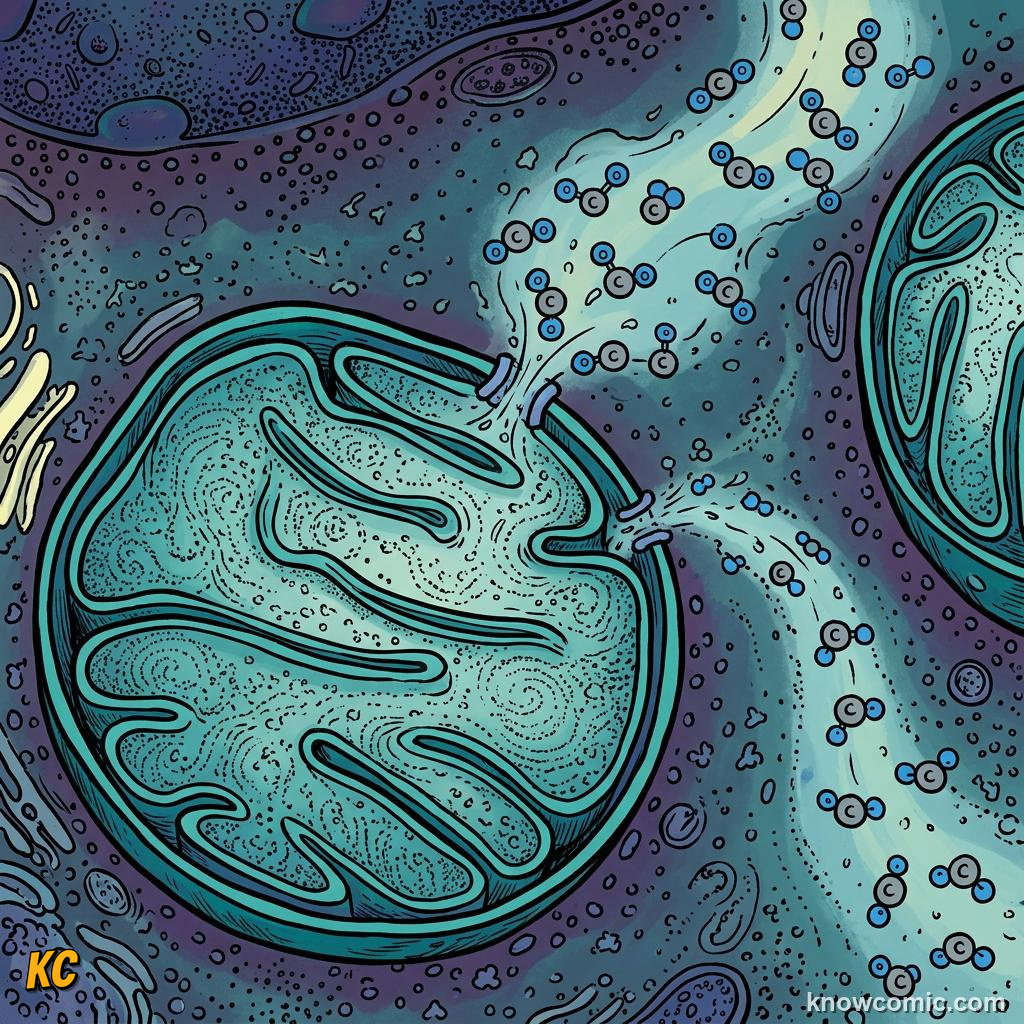 Comic panel about mitochondria: power: Oxygen In, educational kids illustration