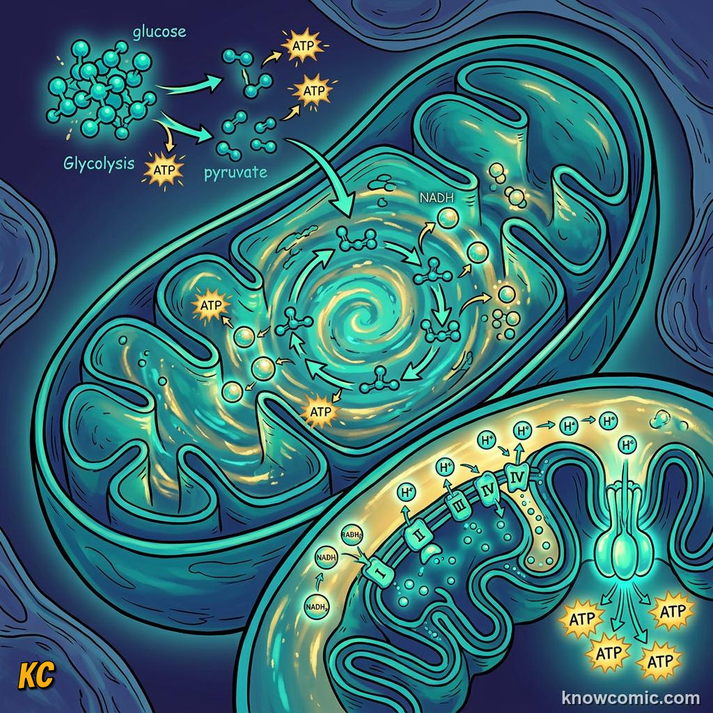 Comic panel about mitochondria: power: Atp Out, educational kids illustration