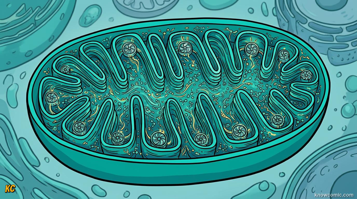 Comic panel about mitochondria: power: Two Membranes, educational kids illustration