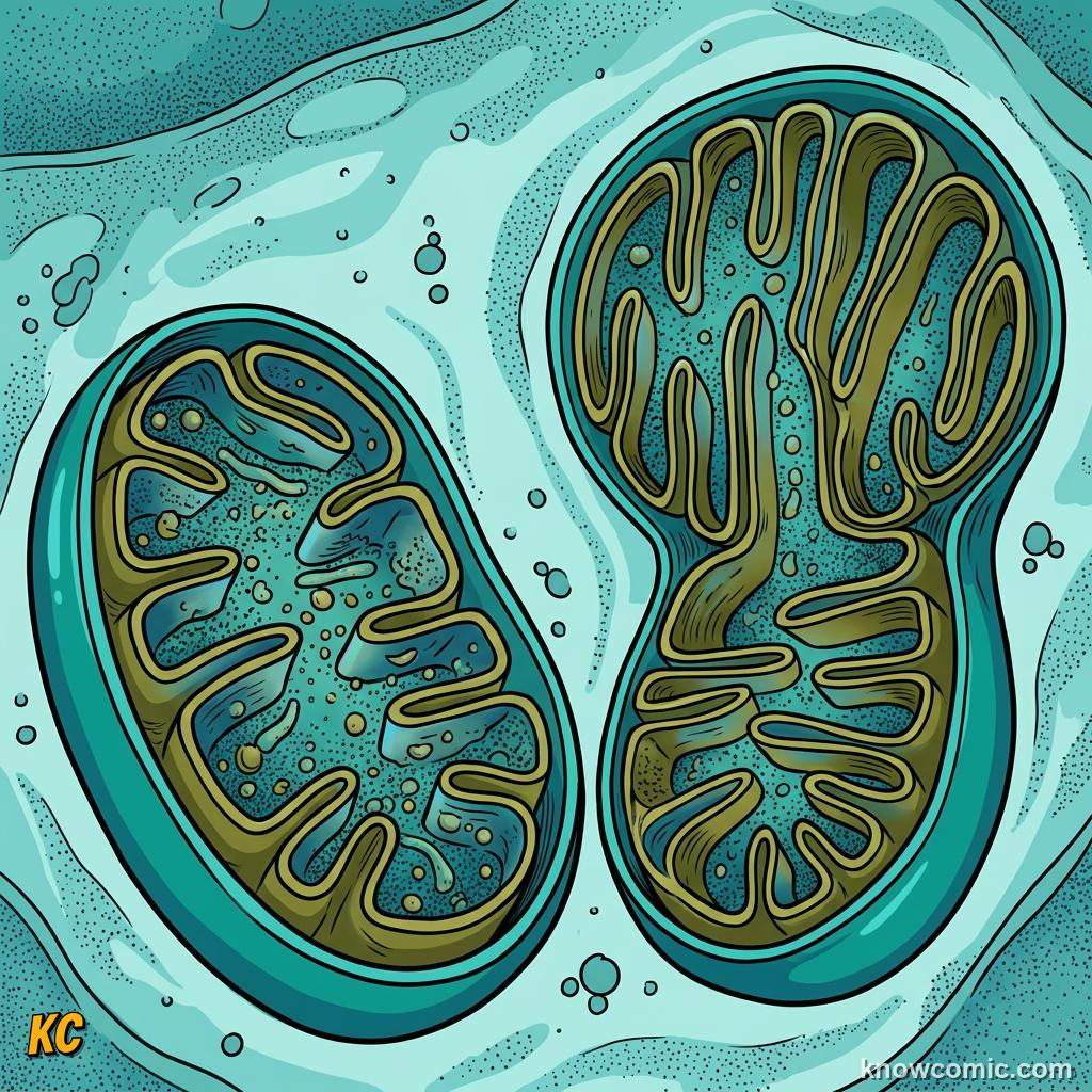 Comic panel about mitochondria: power: Outer Wall, educational kids illustration