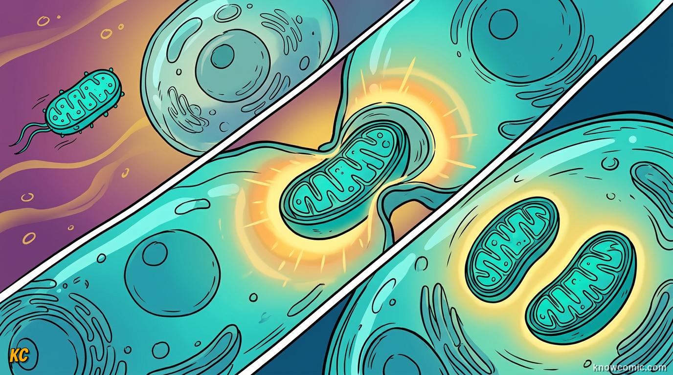 Comic panel about mitochondria: power: A Factory With Folded Walls, Endosymbiosis, educational kids illustration