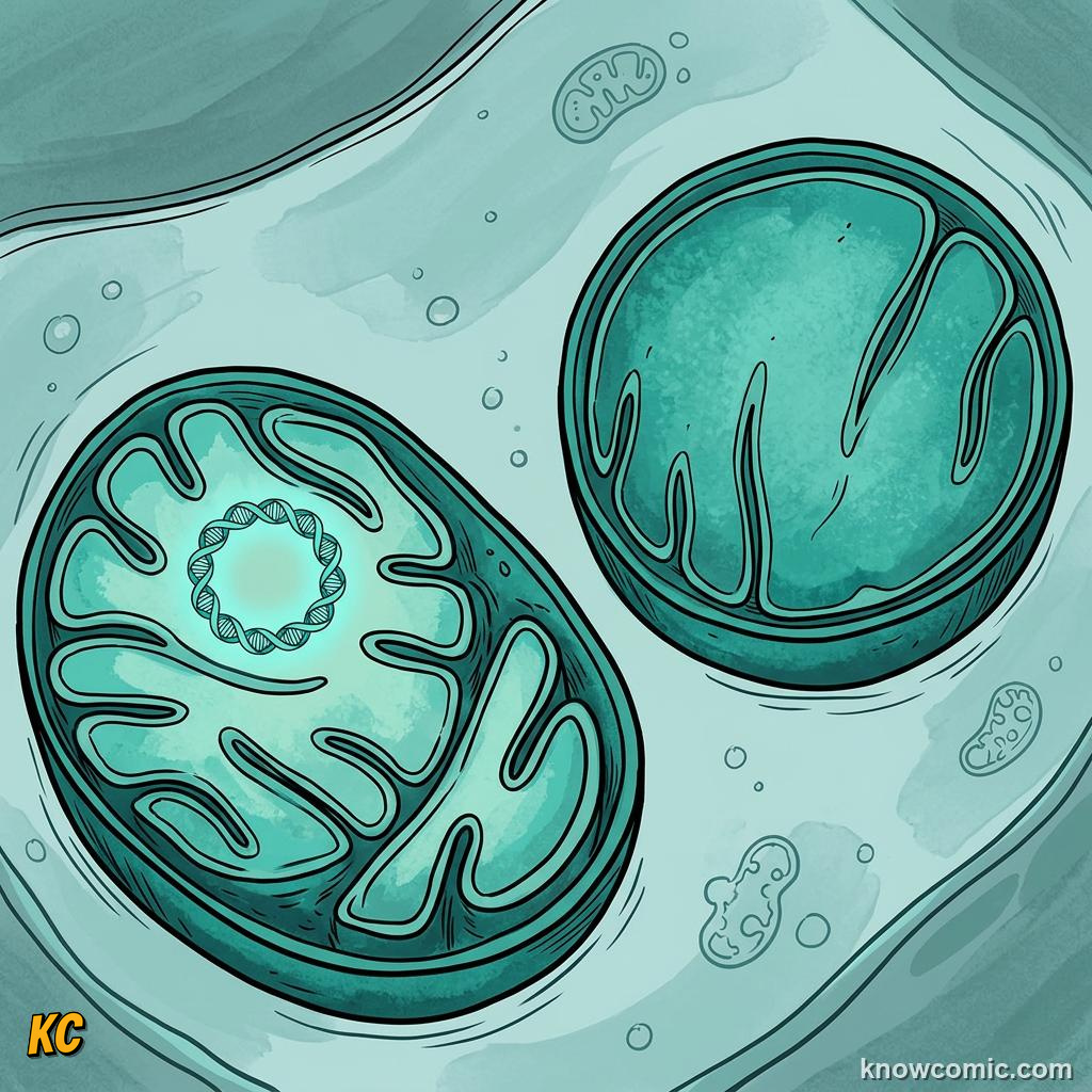 Comic panel about mitochondria: power: Once A Free-Living Bacterium, Partnership, educational kids illustration