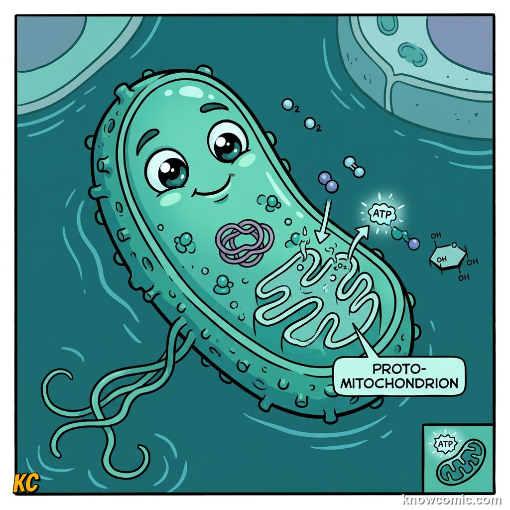 Comic panel about mitochondria: power: Margulis, educational kids illustration