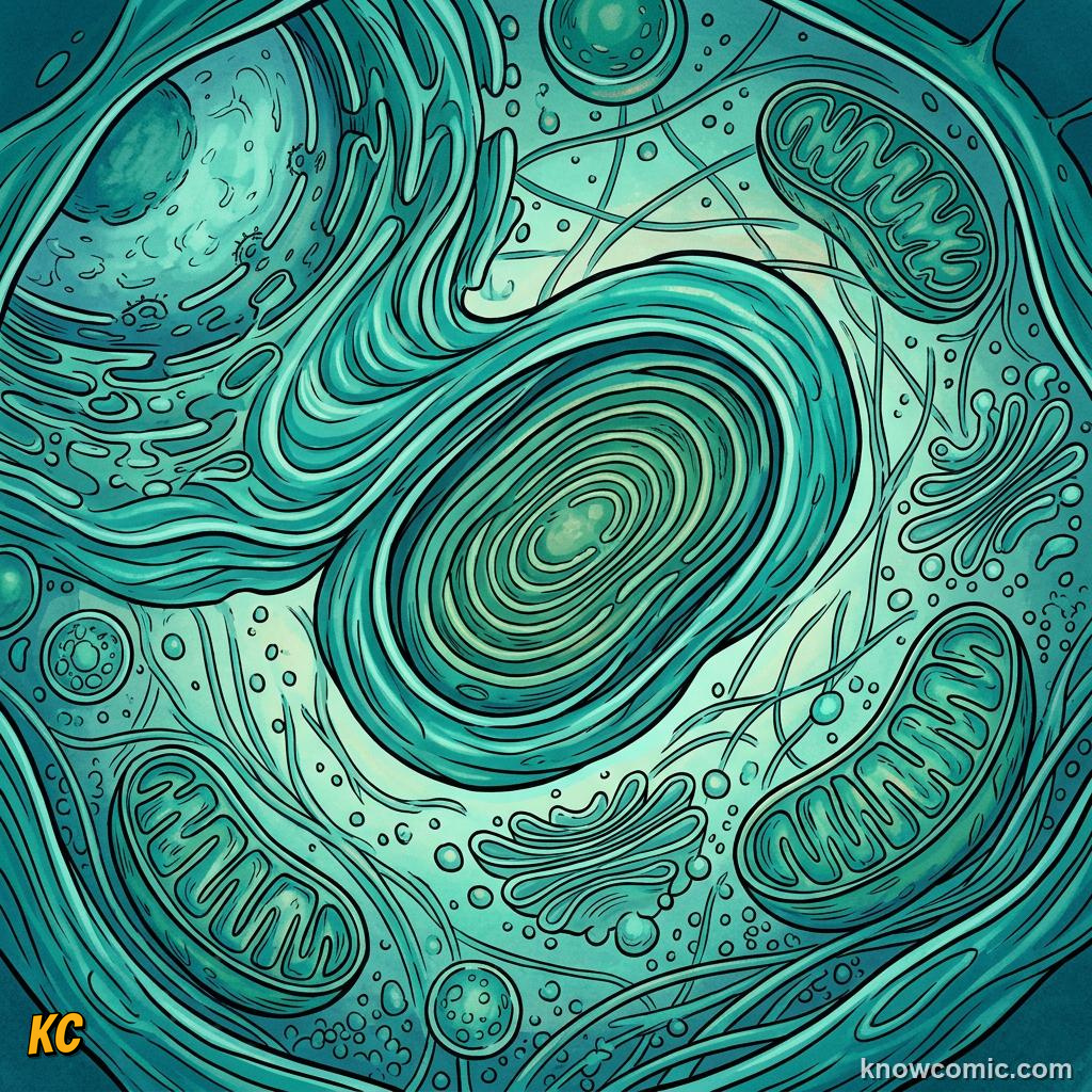 Comic panel about mitochondria: power: Relatives, educational kids illustration