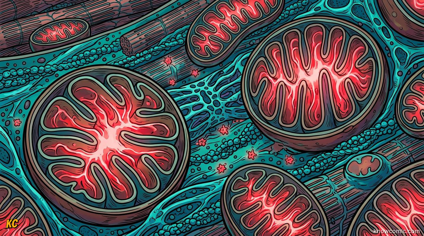 Comic panel about mitochondria: power: More Where Needed, educational kids illustration