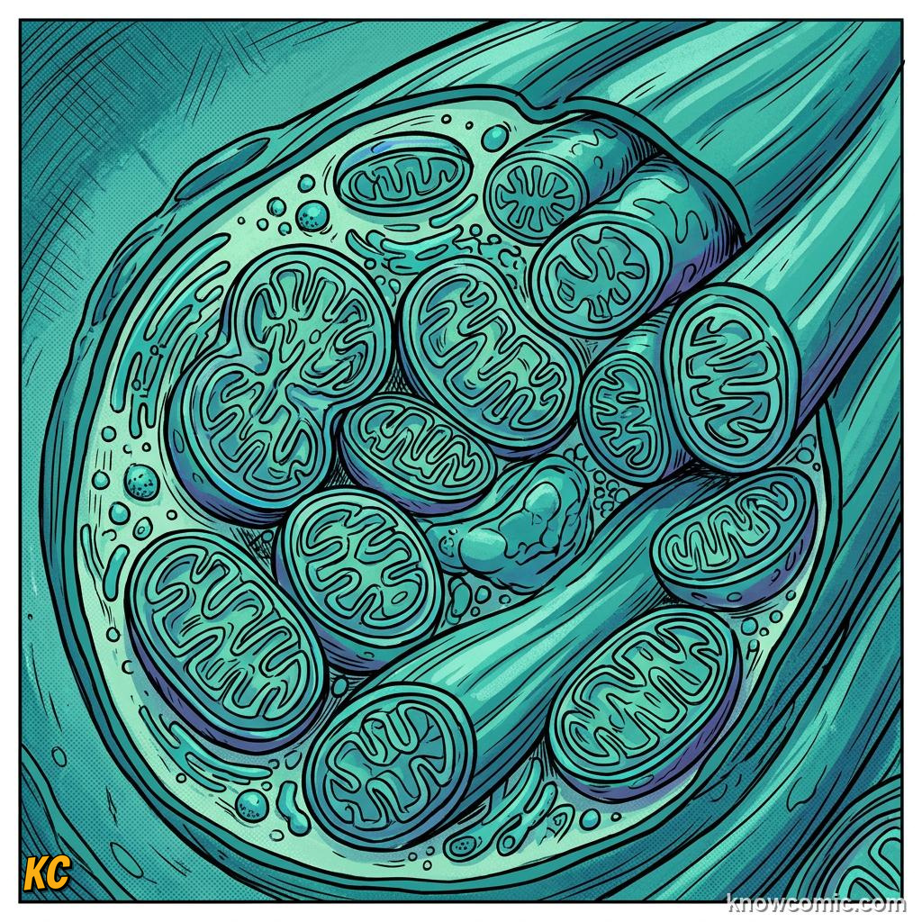 Comic panel about mitochondria: power: Busy Cells Pack More Mitochondria, Muscle Cells, educational kids illustration