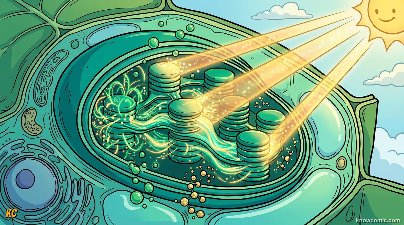 Comic panel about chloroplasts: sun trap: The Hook, educational kids illustration