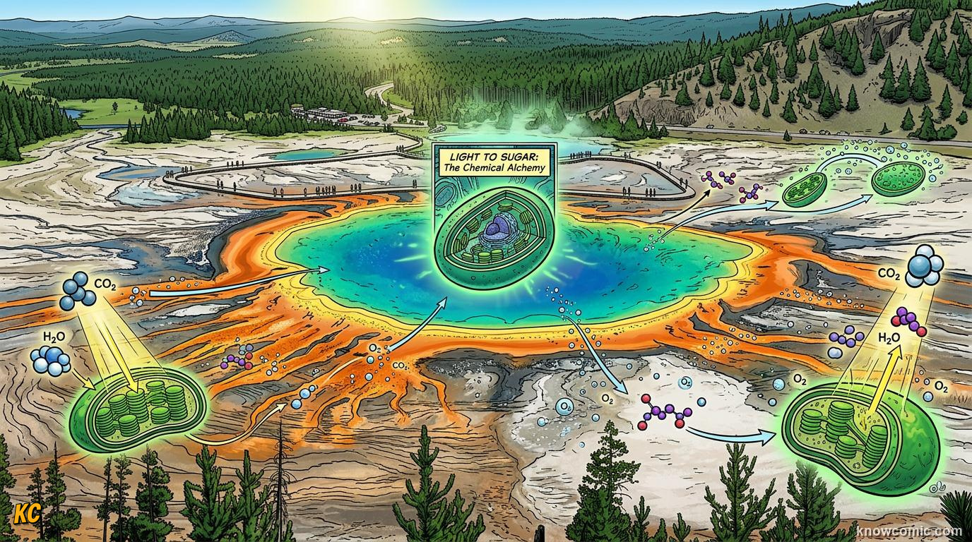 Comic panel about chloroplasts: sun trap: Light To Life, educational kids illustration