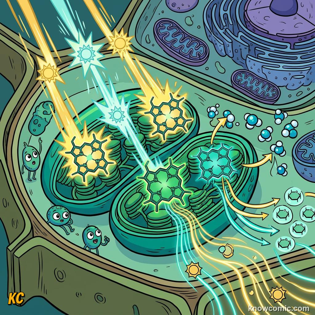 Comic panel about chloroplasts: sun trap: Turning Light Into Sugar, Sunlight In, educational kids illustration