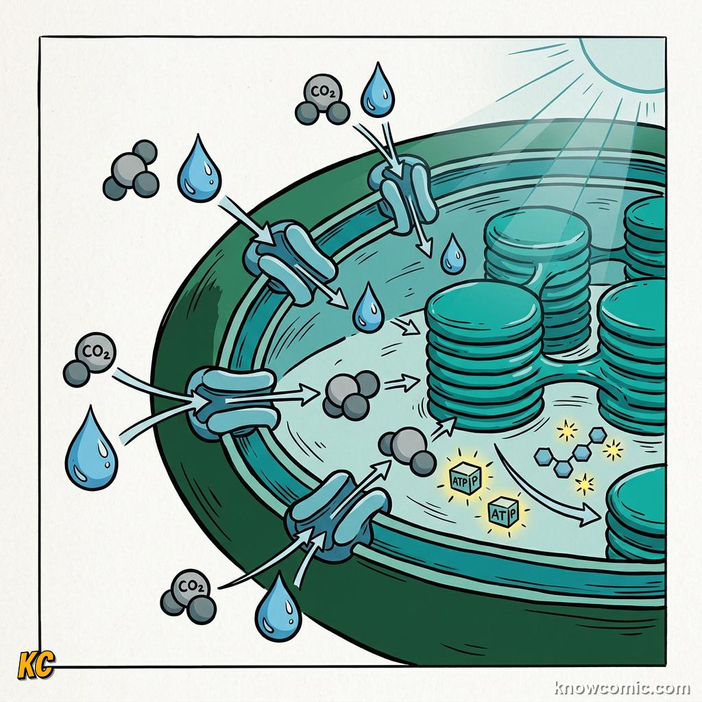 Comic panel about chloroplasts: sun trap: Outputs, educational kids illustration