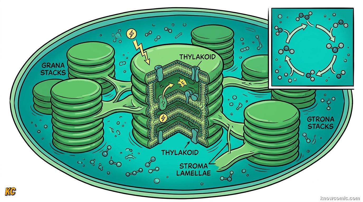 Comic panel about chloroplasts: sun trap: Tiny Factory Floor, educational kids illustration
