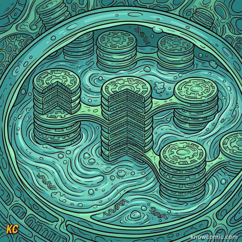 Comic panel about chloroplasts: sun trap: Stroma, educational kids illustration