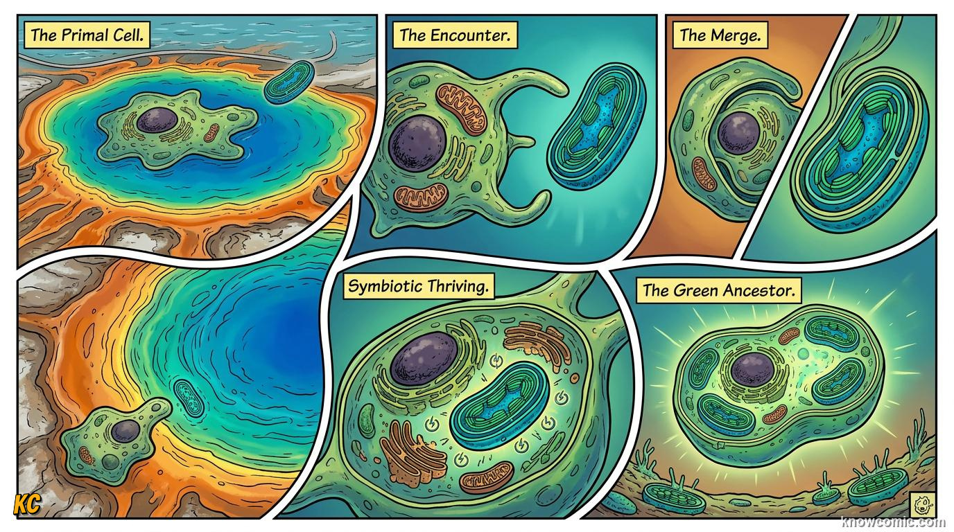 Comic panel about chloroplasts: sun trap: Grana And Stroma Work Together, Endosymbiosis, educational kids illustration