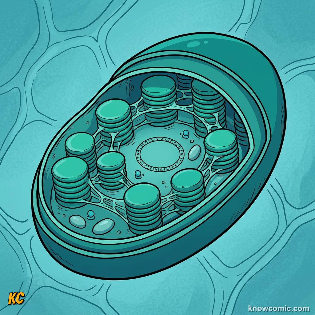 Comic panel about chloroplasts: sun trap: Double Wall, educational kids illustration