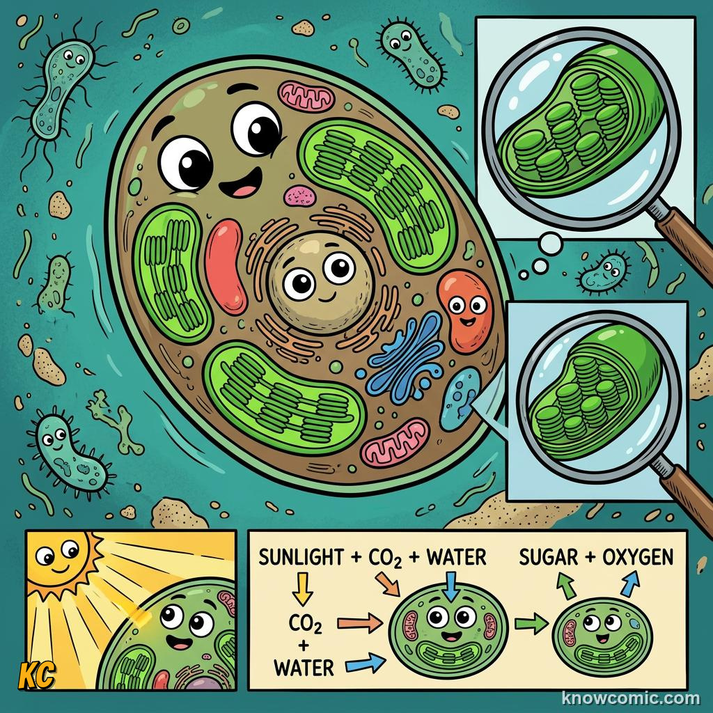Comic panel about chloroplasts: sun trap: Own Dna, educational kids illustration
