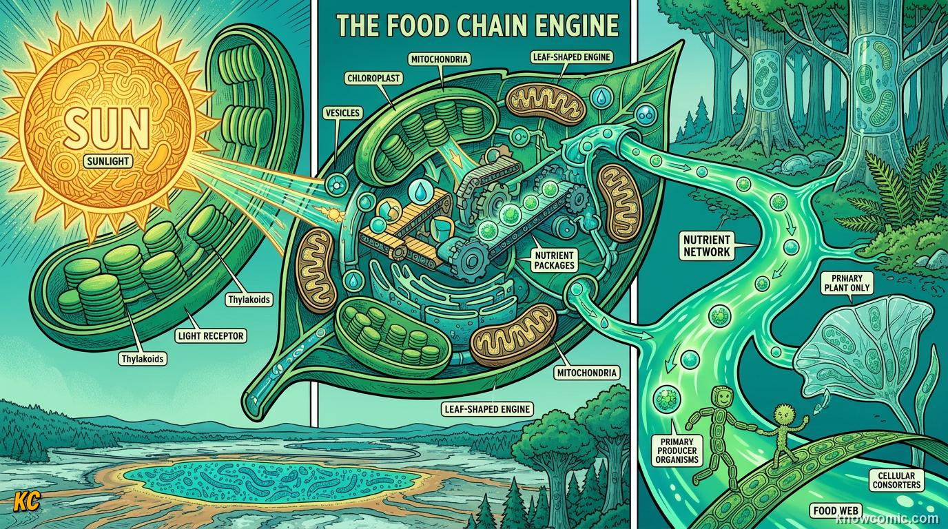 Comic panel about chloroplasts: sun trap: Base Of Life, educational kids illustration